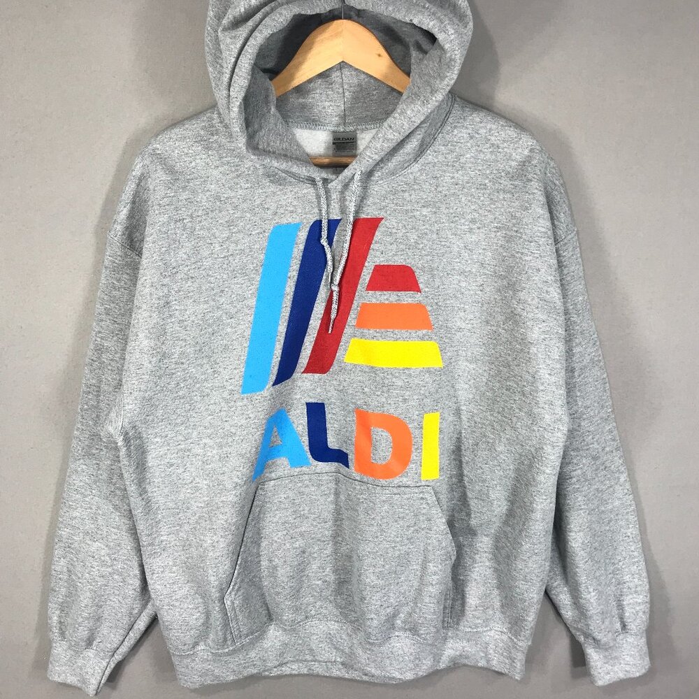 Gildan Aldi Hoodie Adults Large Gray Logo Pullover Sweatshirt Pocket Heavy Blend